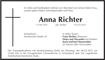 Traueranzeige von Anna Richter von Pegnitz-Zeitung